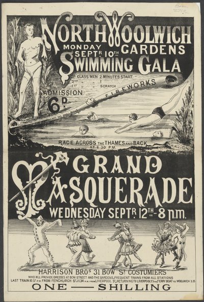 Brosúra a „Swimming Gala and Grand Masquerade, North Woolwich Gardens” című kiadványhoz alkotó: English School
