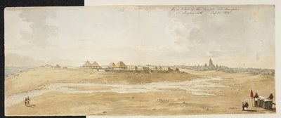 Panoráma a nagy jagannathi templomról, Puri (Orissa), nyugatról, európai bungalók az előtérben a tenger partján, 1820. szeptember (akvarell papíron) alkotó: English School