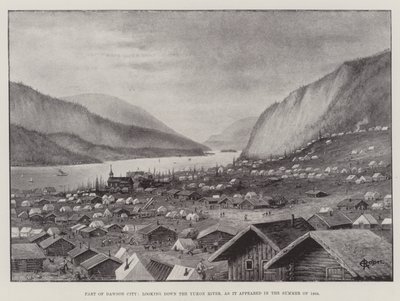 Dawson City része, a Yukon folyóra nézve, ahogyan 1898 nyarán megjelent (litho) alkotó: English School