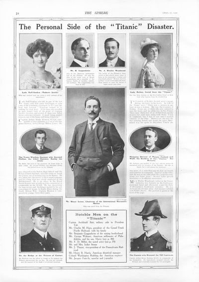 Az RMS Titanic utasai, fényképek és információk a Titanichoz köthető nevezetes személyekről, a The Sphere-ből, 1912. április 27. alkotó: English School