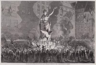 Békeünnepségek Germania szobra előtt a lipcsei piactéren, 1870. március 5-én este (metszet) alkotó: English School