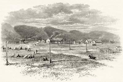 Peake Overland távíróállomás, Dél-Ausztrália, 1880 körül, Howard Willoughby „Australian Pictures” című művéből, a Religious Tract Society, London, 1886 alkotó: English School