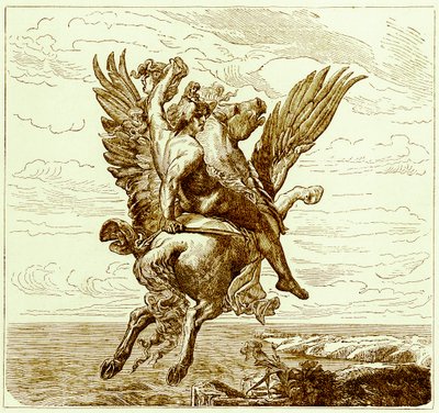 Perseus a szárnyas lovon Pegazus, medúza fejjel, illusztráció a The Illustrated History of the Worldből, megjelent 1880 körül (digitálisan javított kép) alkotó: English School