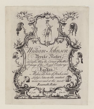 Peruke gyártó, William Johnson, kereskedelmi kártya alkotó: English School