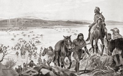 A Boszporuszon Európából Ázsiába tartó frígok Hutchinson A nemzetek története című művéből, 1915. alkotó: English School