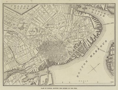 Boston terve, amely a tűz kiterjedését mutatja (metszet) alkotó: English School