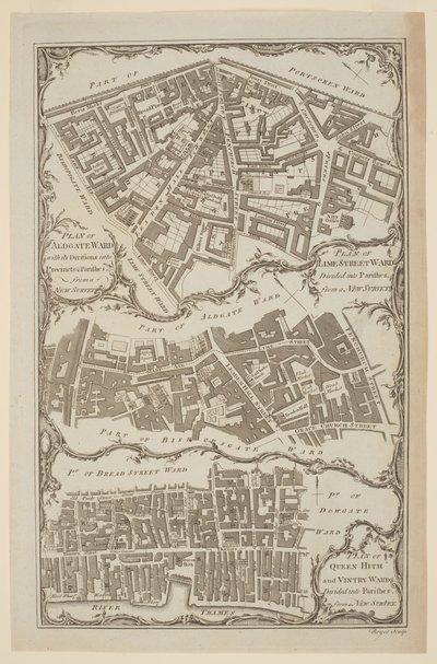 "Queen Hith és Vintry Wards plébániákra osztott terve egy új felmérés alapján". London City térképe, Royce, amelyen a Leadenhall Street és a East India House látható alkotó: English School