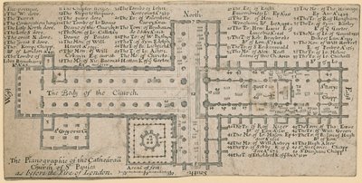 A londoni Szent Pál-székesegyház terve a nagy londoni tűzvész előtt (tinta papíron) alkotó: English School