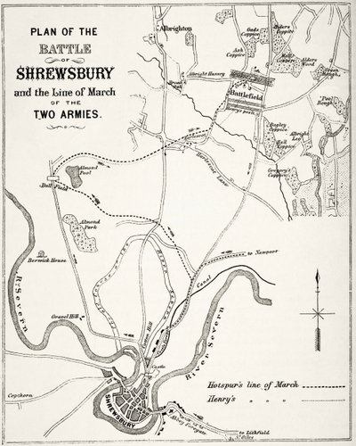 A Shrewsbury-i csata terve, 1403. július 21. William Hickman Smith Aubrey (1858-1916) „Anglia nemzeti és hazai története” című könyvéből, London, 1890 körül. alkotó: English School