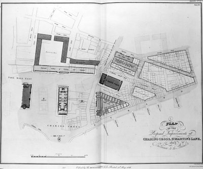 A Charing Cross, St. Martins Lane és a Strand bejárata javasolt fejlesztéseinek terve, James Basire metszet, 1826 alkotó: English School