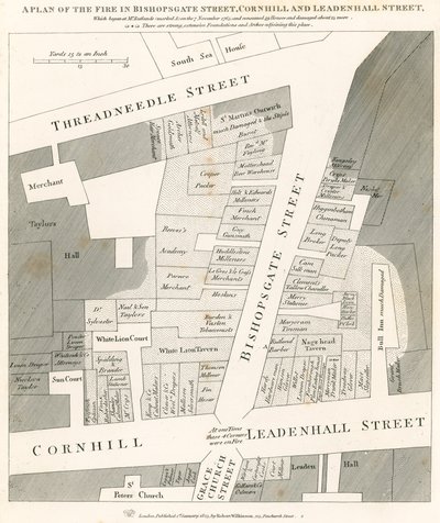 A londoni Bishopsgate Street, Cornhill és Leadenhall Street tűz terve, amely 1765. november 7-én kezdődött alkotó: English School
