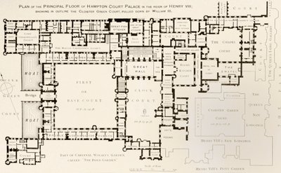 A Hampton Court-palota fő emeletének terve VIII. Henrik király uralkodása alatt, Ernest Law, a Tudor Times-i Hampton Court Palace történetéből, 1885-ben Londonban közzétéve alkotó: English School