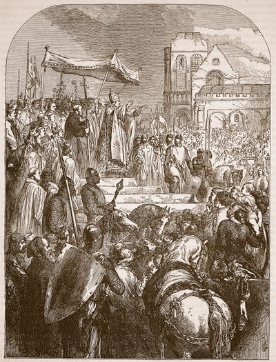 II. Urbán pápa az első keresztes hadjáratot prédikálja Clermont piacterén, 1096, illusztráció a Cassells Illustrated History of Englandből (szépia fotó) alkotó: English School