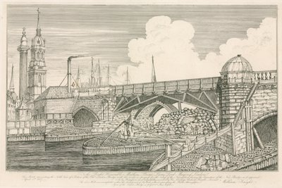 Az Old London Bridge egy része, 1827-ben az építési munkálatok során alkotó: English School