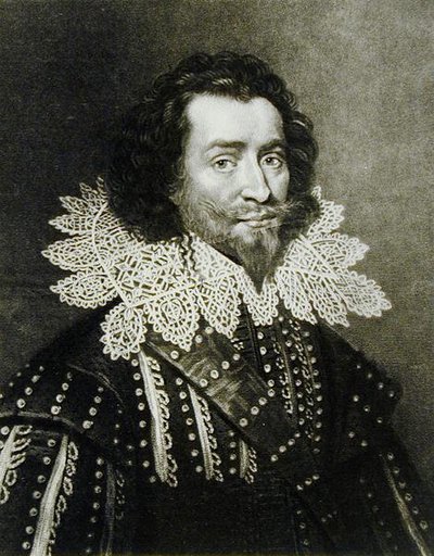 George Villiers, Buckingham 1. hercegének (1592-1628) portréja, amelyet Richard Earlom (1743-1822) és Charles Turner (kb. 1773-1857) vésett a Brit történelem Illustrious Characters in the British History (mezzotint) című könyvéből (bw p alkotó: English School