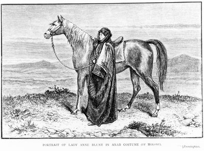 Lady Anne Blunt (1837-1917) portréja arab jelmezben arab lóval, A Zarándoklat Nejdbe című, 1881-ben megjelent könyvének előképe. alkotó: English School