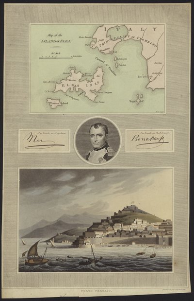 Napóleon Bonaparte portréja térképpel és kilátással Elbára alkotó: English School