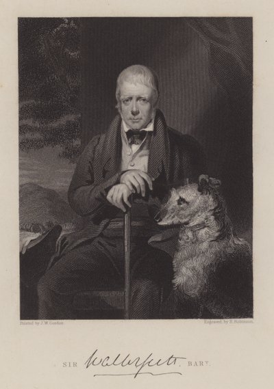 Sir Walter Scott portréja kutyával (metszet) alkotó: English School