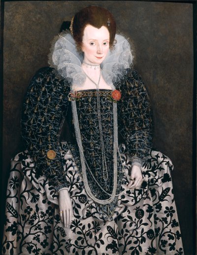 Egy nő portréja, akit hagyományosan Mary Clopton (született Waldegrave) néven azonosítanak a Kentwell Hallból, Suffolkból, 1600 körül alkotó: English School
