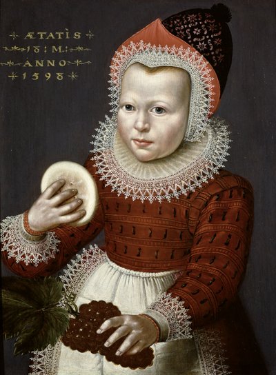 Kenyeret és szőlőt tartó fiatal lány portréja, 1598 alkotó: English School