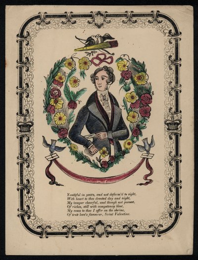 Jóképű férfi portréja, Valentin-vers (színes metszet) alkotó: English School