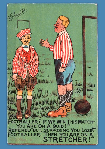 Képeslap, amely egy spanyol labdarúgó karikatúráját ábrázolja alkotó: English School