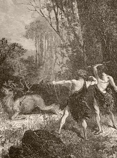 Őskori ember íjjal, nyíllal és lándzsával vadászik alkotó: English School