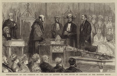 A londoni City szabadságának bemutatása a zanzibári Seyyideknek a Mansion House-ban (metszet) alkotó: English School