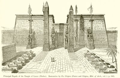 A luxori templom (Théba) főhomlokzata. Restaurálása Ch. Chipiez (Perrot és Chipiez, Hist. of Arch., vol. i. p. 349) alkotó: English School