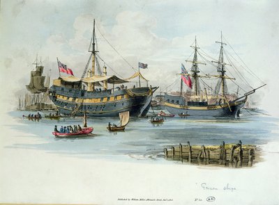 Börtönhajók, amelyeket a britek a napóleoni háborúk alatt francia foglyok elhelyezésére használtak, 1805 (színes metszet) alkotó: English School