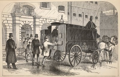 A börtönben foglyokat szedő furgon a fogolyházban, illusztráció a londoni bűnügyi börtönökből és Henry Mayhew és John Binny jelenetei a börtönéletből, kocsma. 1862 alkotó: English School