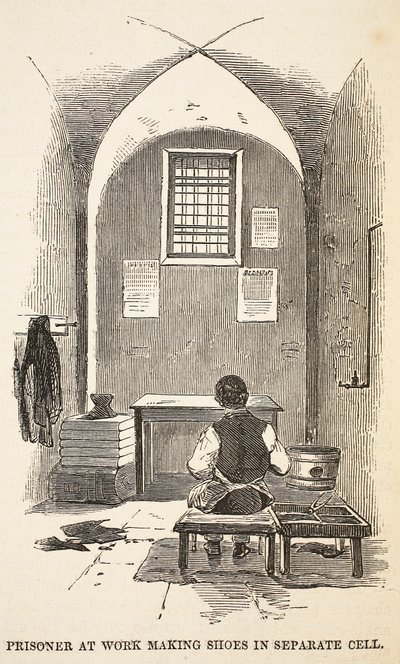 Munkahelyi fogoly cipőt készít külön cellában, illusztráció a londoni büntetőbörtönből és Henry Mayhew és John Binny jelenetei a börtönéletből, kocsma. 1862 alkotó: English School