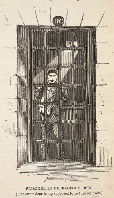 Fogoly a tűzálló cellában (a külső ajtót állítólag vissza kell dobni), illusztráció a londoni büntetőbörtönből, valamint Henry Mayhew és John Binny jelenetek a börtönéletből, kocsma. 1862 (pl alkotó: English School