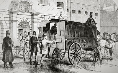 A foglyok felszállnak a „Fekete Máriának” nevezett rendőrségi furgonba az 1870-es években (metszet) alkotó: English School