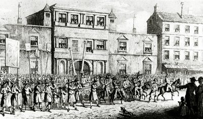 A szabadkőműveseket gúnyoló 1741-es londoni körmenet, 1843 alkotó: English School