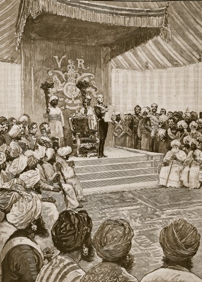 A királynő kikiáltása India császárnőjévé 1877-ben, illusztráció a Cassells Illustrated History of Englandből (szépia fotó) alkotó: English School