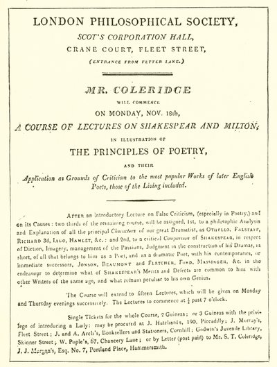 Coleridge 1808-as előadásainak programja alkotó: English School