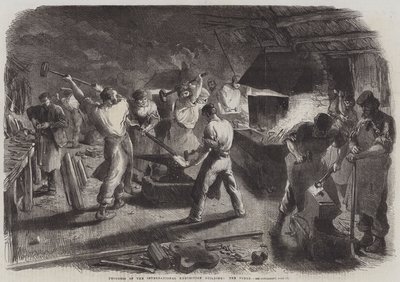 A Nemzetközi Kiállítás épületének előrehaladása, a Forge (metszet) alkotó: English School