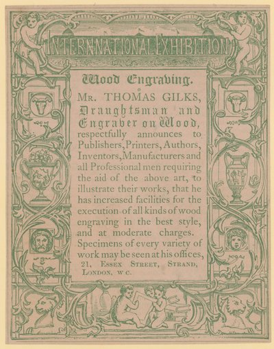 Promóciós kártya Thomas Gilks rajzolónak és fametszőnek alkotó: English School