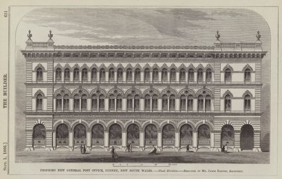 Javasolt új általános postahivatal, Sydney, Új-Dél-Wales, oldalmagasság, tervezte James Barnet építész (metszet) alkotó: English School
