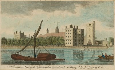 Perspektivikus kilátás az érseki palotára a Szent Mária-templommal, Lambeth alkotó: English School
