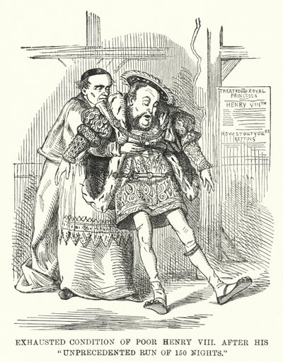 Punch rajzfilm: Szegény VIII. Henrik kimerült állapota 150 éjszakás példátlan futása után (metszet) alkotó: English School