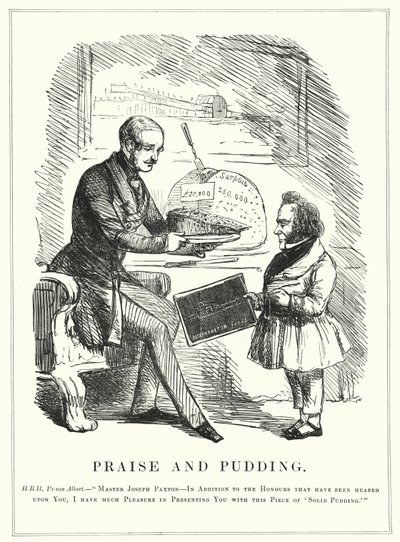 Punch rajzfilm: Dicséret és puding: Albert herceg megjutalmazza Joseph Paxtont a Crystal Palace megtervezéséért, hogy otthont adjon a sikeres 1851-es Nagy Kiállításnak a londoni Hyde Parkban (metszet) alkotó: English School
