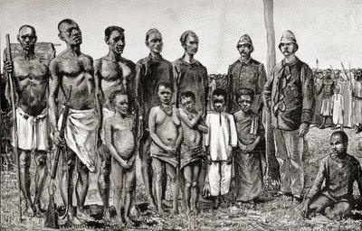 Pygmi bennszülöttek angol tisztekkel, szudániakkal és zanzibáriakkal összehasonlítva, 1890 (fametszet) alkotó: English School