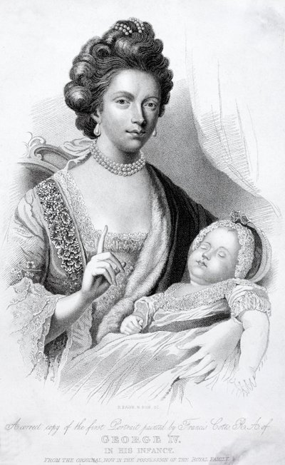 Charlotte királynő, III. György király hitvese kisfiukkal, a leendő régens herceggel és IV. György királlyal alkotó: English School