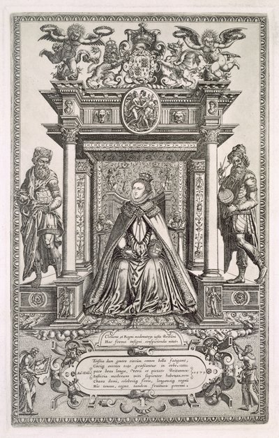 I. Erzsébet királynő (1533-1603) a földrajz és a csillagászat patrónusa, az 1579-es angol szász térképek könyvének előlapja alkotó: English School