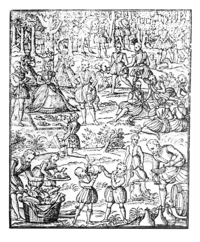 I. Erzsébet királynő (1533-1603) egy vadászpikniken, tányér a "Noble Art of Venerie and Hunting"-ből, George Turberville, 1575 alkotó: English School