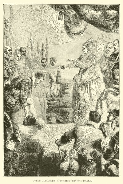 Erzsébet királynő lovaggá ütötte Francis Drake-et alkotó: English School