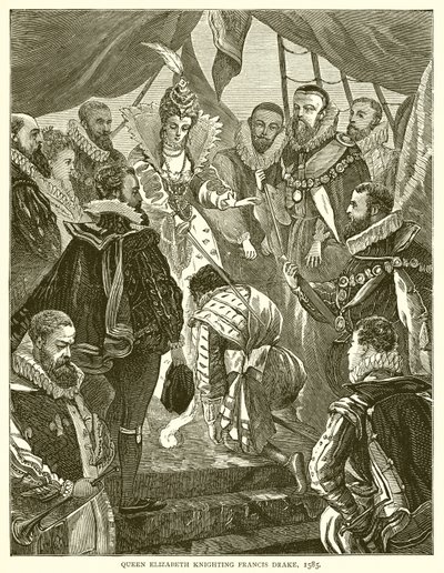 Erzsébet királynő lovaggá üti Francis Drake-et, 1585 alkotó: English School
