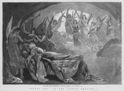 Katalin királynő látomása, jelenet Shakespeare VIII. Henrik című előadásából a londoni Lyceum Theatre-ben (litho) alkotó: English School